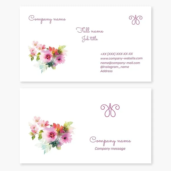 Business card template Flowers, watercolor, butterfly