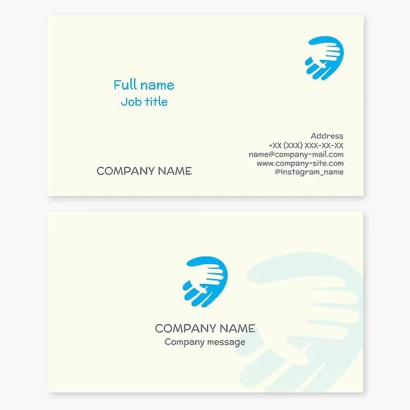 Business card template with the "Two Hands" logo. Helping children. Orphanage. Children's shelter. Boarding school teacher.