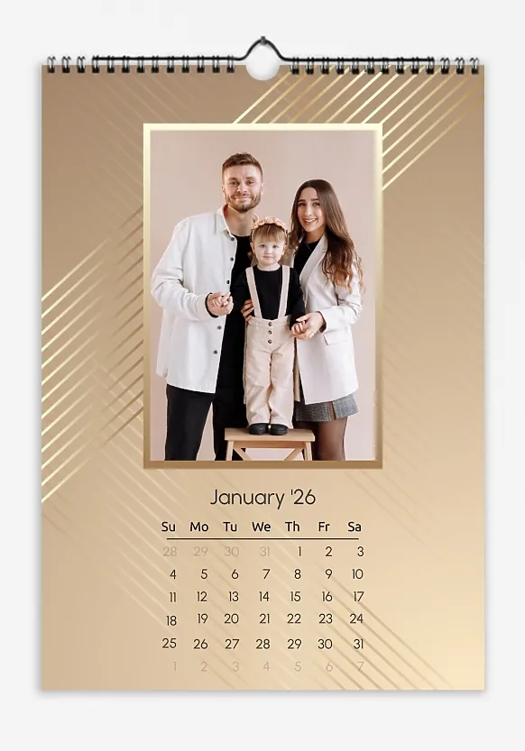 A simple, framed calendar template featuring a "Young Family with a Daughter" in a simple, golden style with straight line groups.