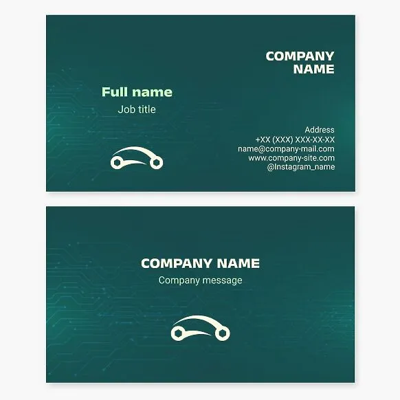 Tech business card template. Electric vehicle. Electronic circuit boards. Socket wrenches. Electric vehicle repair.
