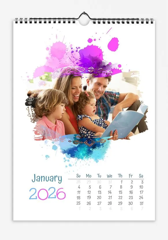 Playful Paint Calendar. Family photos with watercolor blots and childish fonts.