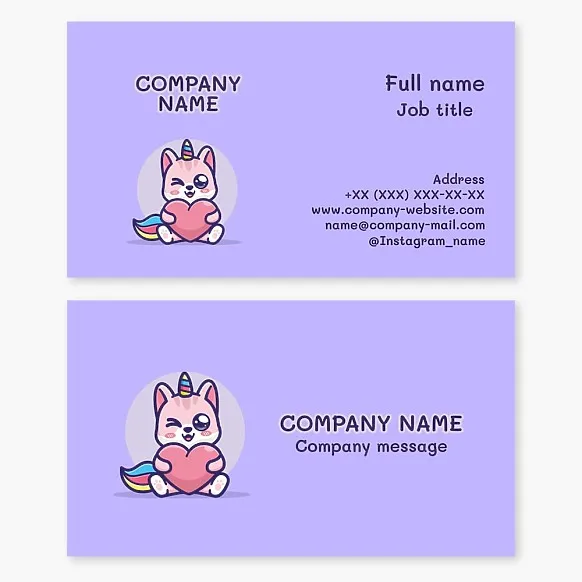 Business card template in cartoon style Unicorn, heart