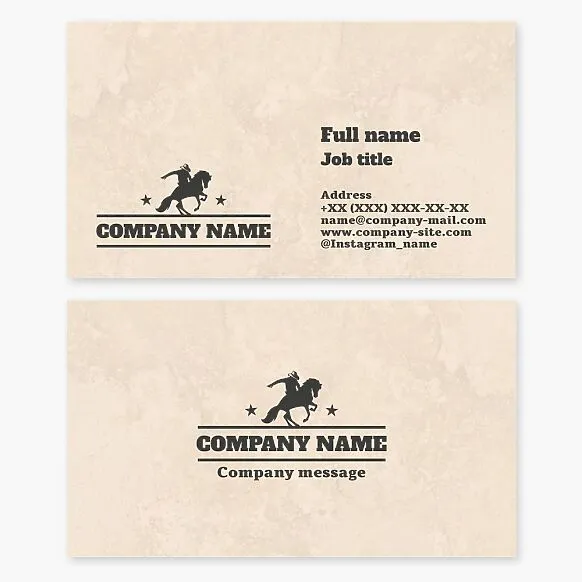 Western style business card template "Cowboy on Horseback." Rodeo.
