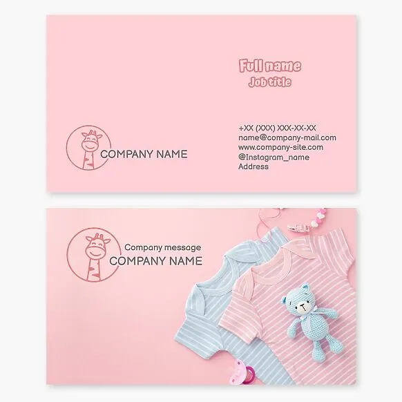Business card template. Baby products. Giraffe. Clothing, toys, accessories. Letter O.