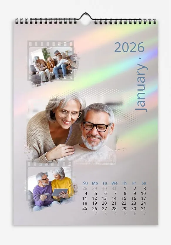 Photographs of an elderly couple with film frames against a shiny background refracted by the sun.
