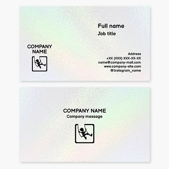 Swing business card template. A swing with a child, square. We manufacture swings, carousels, playgrounds, and children's park infrastructure.