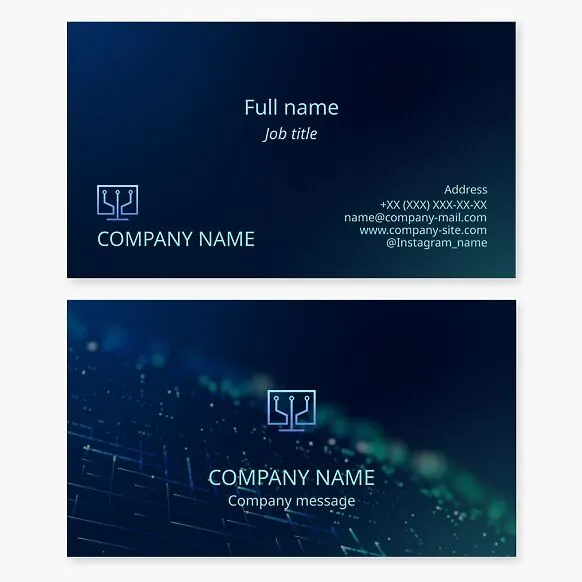 Technology business card template. A retail chain selling and repairing computer equipment, gadgets, and devices.