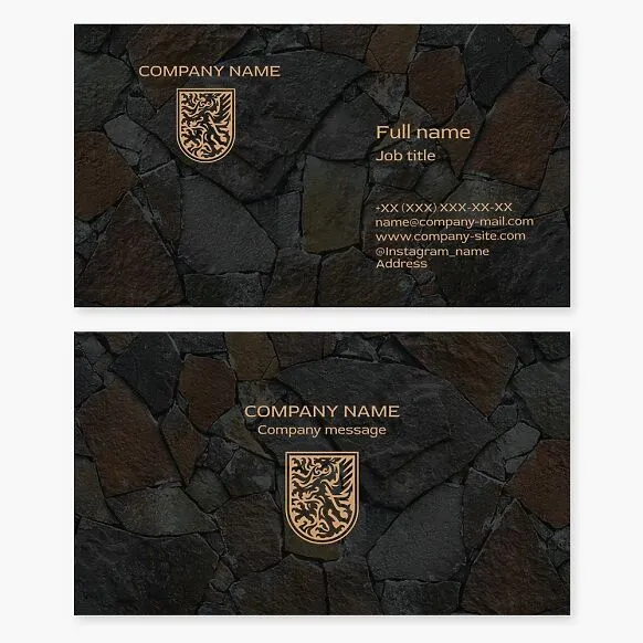Stonework business card template. Natural stone, griffin, shield.