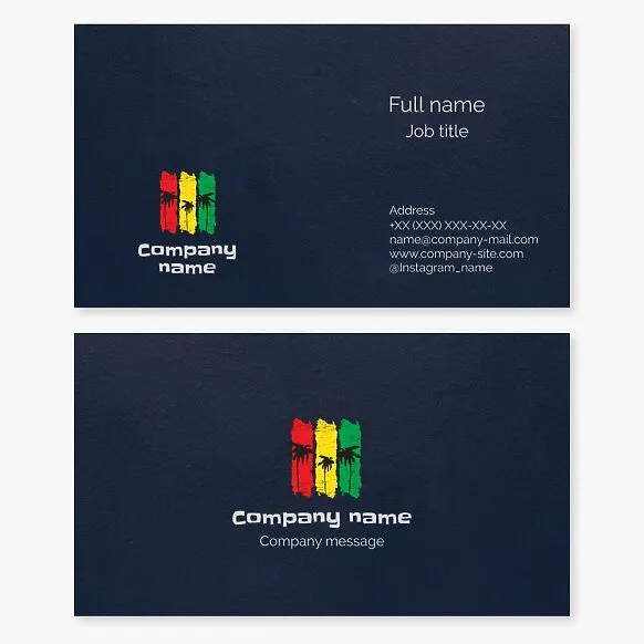 Business card template "Jamaican Palm Tree in Rastafarian Colors." Rastafarian symbolism. African culture, the Rastafarian movement, nature, wealth, and spiritual struggle.