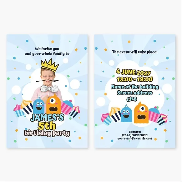 Postcard template: "Birthday Party Invitation for a 5-Year-Old Boy with Monster Characters and Candy on a Blue Background"