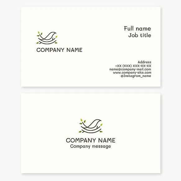 Business card template. Stylized bird's nest with a bird and leaves. Symbolic of home, family, nature, care, and safety. Brand. Real estate, eco-friendly products, children's and family products, landscape design.