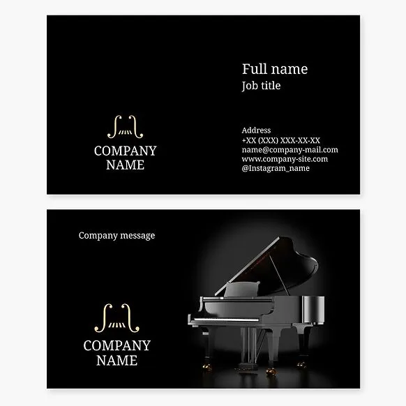 Business card template. Classical music. Piano, grand piano, upright piano. Sheet music.