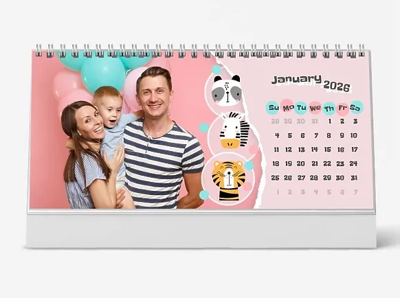 Desk calendar template: "Loving Family with a Son and Children's Animal Drawings"