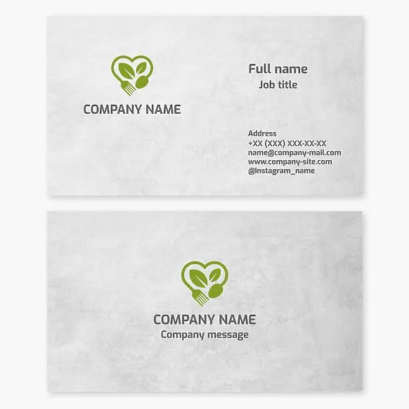 Healthy Eating business card template. Cafe, restaurant, or vegan farm. Plant leaves, spoon, and fork.