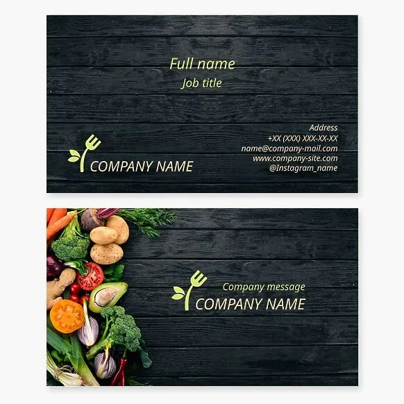 Business card template. Vegan, organic products. Fruits and vegetables. Farm. Fork with plant leaves.