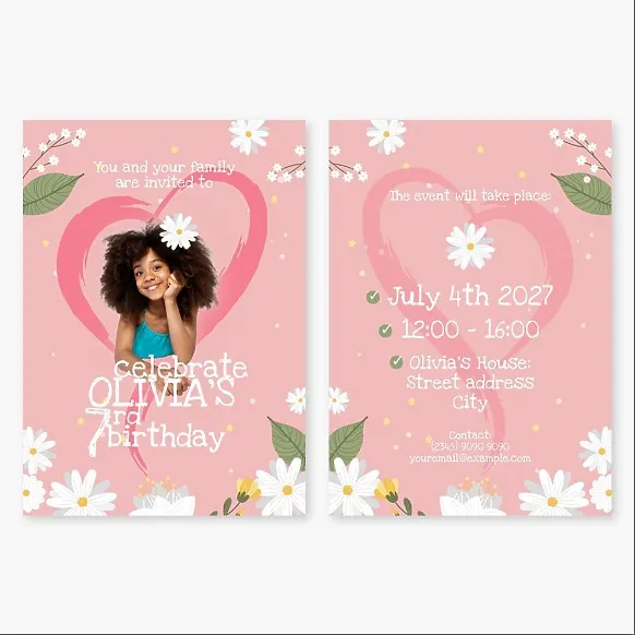 Postcard template: "Birthday Party Invitation for a 7-Year-Old Girl with Daisies and a Heart on a Pink Background"