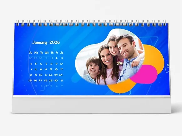 A vibrant desk calendar template featuring young parents, a son, and a daughter against a childish, abstract background.