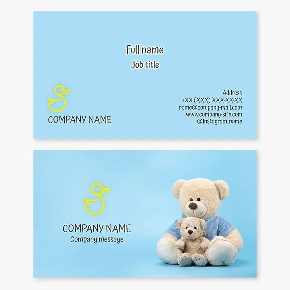 Business card template featuring a plush toy and a rubber duck for the bath. Toys for kids.