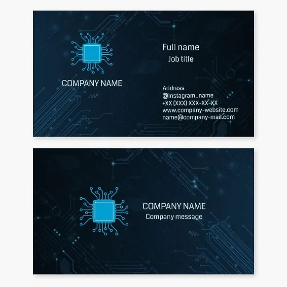 Business card template "Engineering Technology". Sale of electronic components. Design of microelectronics elements.