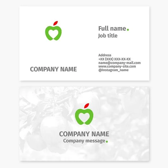 Business card template featuring an apple and heart. Wholesale apple supply. Apple orchard.