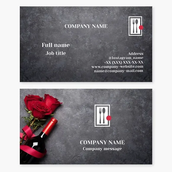 Restaurant Business Card Template "Cutlery, Wine Bottle and Roses"