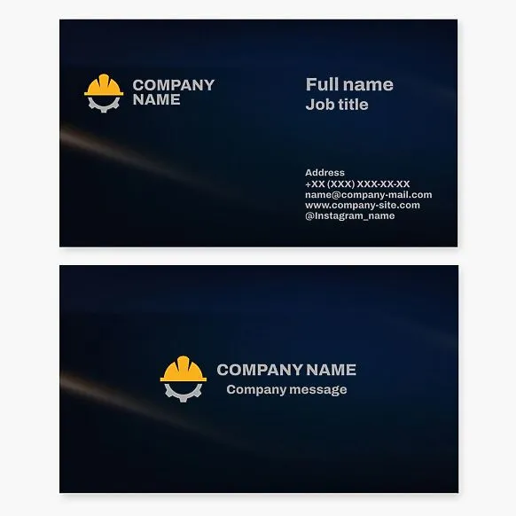 Business card template. Gear, protective construction helmet. Mechanical engineering company. Equipment manufacturing.