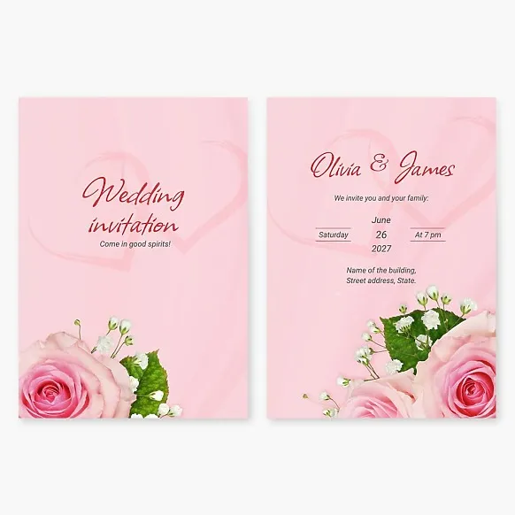 Wedding invitation with roses and lilies of the valley on a pink background with hearts