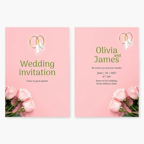 Wedding invitation with roses, doves, and wedding rings on a pink background