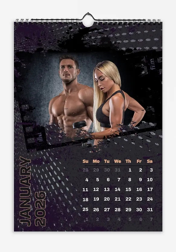 A calendar template for a sporty bodybuilding family with a dynamic dark background. Large photos with film stripes and grunge edges.