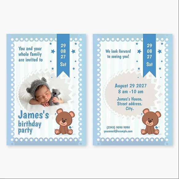 Postcard Template: "Invitation to a Baby Boy's Birthday with a Teddy Bear and Bookmark"