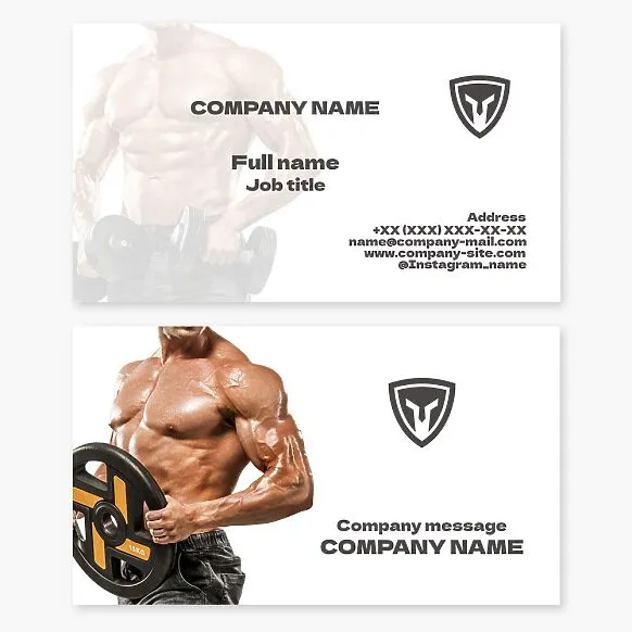 Business card template. Gym. Fitness center. Gladiator shield and helmet.