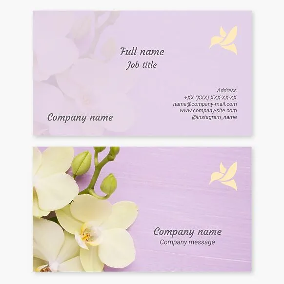Business card template. Abstract. Hummingbird, orchid, lilac background. Beauty salon, flower shop.