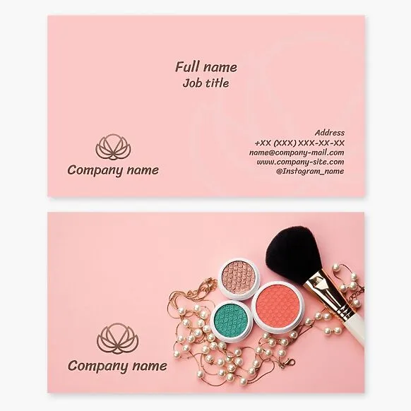 Makeup business card template. Stylist-makeup artist. Flower, beads, powder, brush.