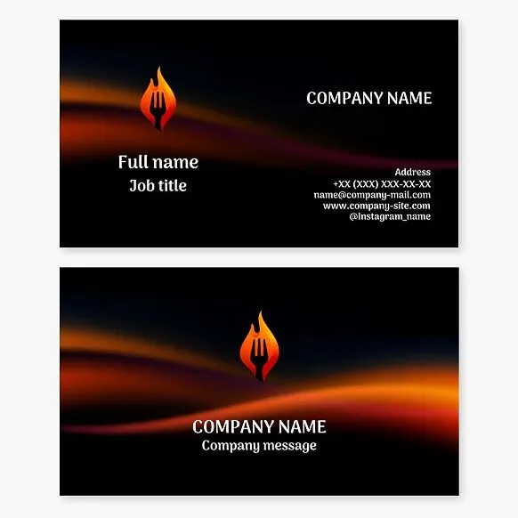Fire Kitchen business card template. Hot and spicy food, fast food preparation, fire-grilled food. Steakhouse. Grill bar. Spicy food delivery service. Restaurant specializing in dishes prepared with intense heat or with a savory flavor.