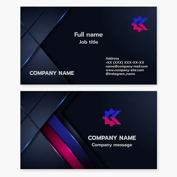Business card template. Engineering firm. Gear wheel, arrow. Letters O, K.
