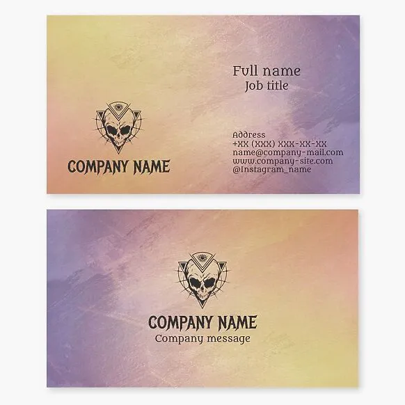 A business card template featuring the "Alien Skull" logo. A symbol of mystical, esoteric, and sci-fi themes, as well as conspiracy theories, extraterrestrial life, and the occult.