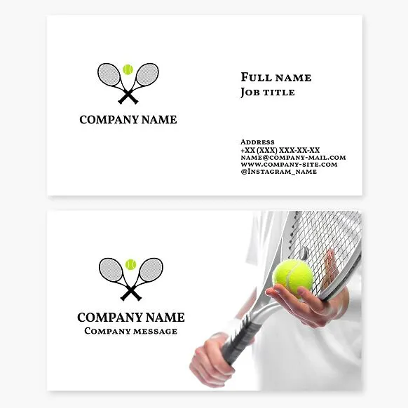 Business card template. Tennis: courts, team, instructor, brand.