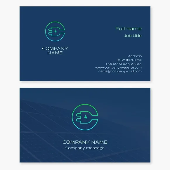 Solar energy business card template. Green energy, solar panels, electricity storage and sale. Letter O, C.
