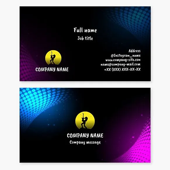 Music business card template with an electric guitarist's logo. Rock band. Music club. Concert center.