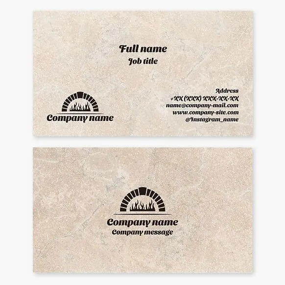 Business card template featuring a brick fireplace stove logo. Natural fireplace installation and repair.