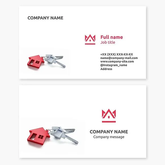 Business card template. Real estate company. Home sales and rentals. House, crown, door keys.