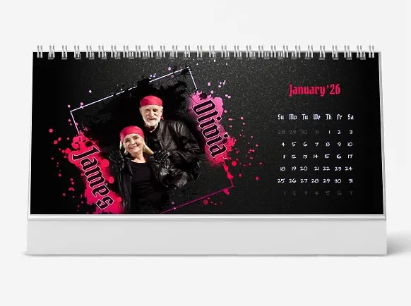 A paint-splattered desk calendar template for an elderly rocker family.