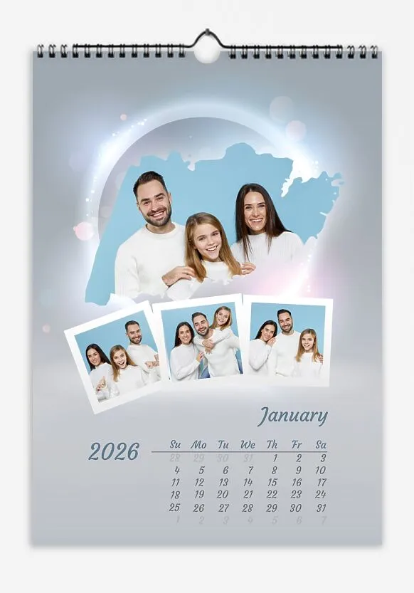 Glowing family photos on grey background with bokeh.