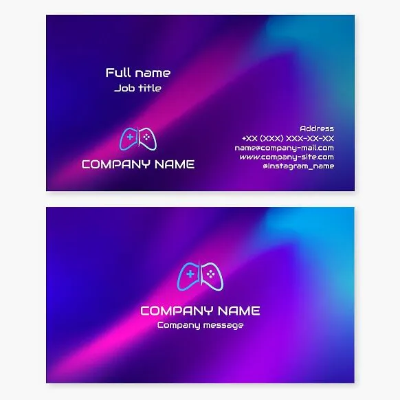 Business card template with a game controller logo. Computer gaming accessory store: sales, exchanges, and repairs.