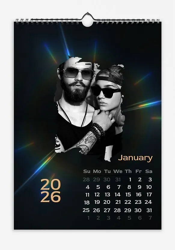 Dark gradient wall calendar. Photographs of a happy informal couple against the backdrop of optical refraction of light.