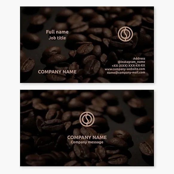 Business card template. Coffee beans: supplies, grinding. Letters O, S.