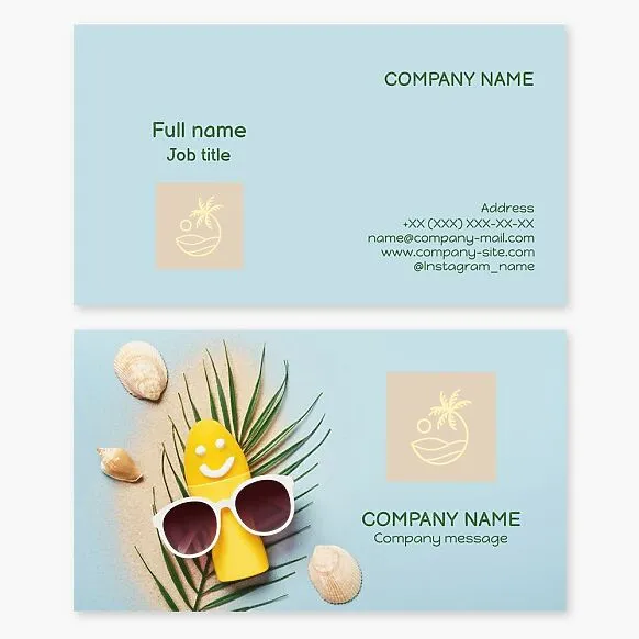Beach-themed business card template. Beach services and products. Beach cabana rentals. Resort hotel. Palm tree, sea, sun, shells, sand, sunscreen, sunglasses.