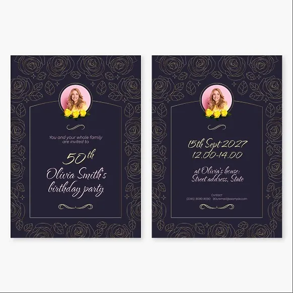 "Woman's 50th Birthday Invitation with Roses on a Blue Background" Postcard Template