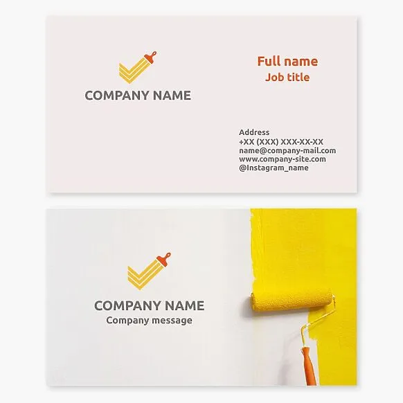 Business card template for exterior and interior painting services. Brush, roller, checkmark, paint.