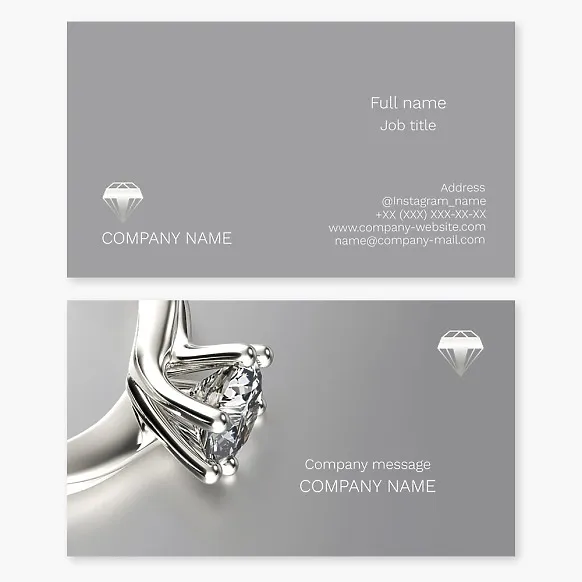 Jewelry store business card template. Ring, diamond. Letter T.